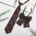 Japanese JK DK uniform brown plaid tie and bow tie set, vintage school style neckwear. - JK039 Liver Red Plaid