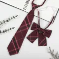 Japanese JK uniform plaid necktie and bow tie detail, classic burgundy checkered pattern. - JK040 Shahua Plaid