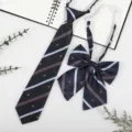 JK style pre-tied tie and bow tie set navy blue with pink stripes for shirt uniform wear. - Navy Blue Crown