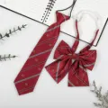 Japanese style JK DK uniform red striped pre-tied necktie and bow tie set accessory - Burgundy Crown