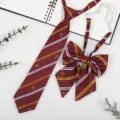 Japanese JK style burgundy striped pre-tied tie and bow set for school uniforms. - Burgundy Yellow Stripe M