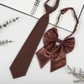 Brown JK uniform necktie and bow set, pre-tied satin school style collar accessory for daily wear. - Solid Coffee