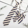 JK style beige navy striped pre-tied tie and bow set for school uniform matching shirt. - Bright Yellow Blue Stripe