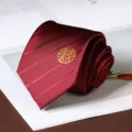 Red silk wedding tie for men, elegant diagonal stripes with gold double happiness embroidery. - Twill Round Double Happiness Hand-Tied / 8cm / Burgundy