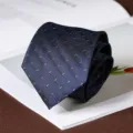 Closeup detail of dark blue plaid pattern men formal business suit tie textured fabric - Hand-Tied / 8cm / Blue (A018)