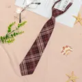 Brown plaid JK uniform tie for women, pre-tied lazy student necktie for daily wear. - JK011 Red Prisoner Bird Necktie