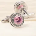 Boutons de manchette halo cristal rose, boutons de manchette français argentés pour chemises. - Cristal Rond Rose