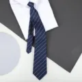 Navy blue striped zipper necktie with white shirt display, perfect for business formal wear. - 8cm Diamond Blue Striped Zipper