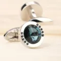 Boutons de manchette français ronds classiques avec pierre bleue et accents noirs élégants. - Argent Cristal Bleue Claire