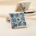 Boutons de manchette carrés pour homme avec motif émail mosaïque géométrique bleu. - Nouvel Émail Bleu
