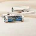 Boutons de manchette de chemise français argentés avec mini sablier bleu pour hommes. - Sablier Bleu