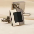 Boutons de manchette français élégants, design carré en métal avec centre noir variante - Émail Carré Noir