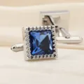 Élégants boutons de manchette carrés en cristal bleu pour hommes, chemise d'affaires argentée. - Bleu Cristallin