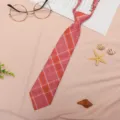 Pink plaid JK academy style lazy necktie variant, pre-tied student shirt collar accessory. - JK041 Orange Pink Plaid Necktie