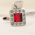 Boutons de manchette carrés en métal avec pierre rouge et strass pour chemise d'affaires. - Cristal Carré Rouge