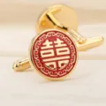 Boutons de manchette français dorés avec émail rouge double bonheur pour hommes d'affaires. - Rond Double Bonheur Or