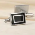 Boutons de manchette rectangulaires classiques émail noir métal argenté pour chemise - Rectangle Argent Rayure Noire et Blanche