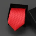 Detail of elegant red striped business necktie fabric texture and black gift box display. - 8cm D-04 Zipper