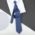Blue striped zipper tie for men business formal wear paired with a white shirt collar. - 8cm A02 Zipper