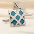Boutons de manchette français carrés en émail géométrique bleu pour costume homme chemise - Grille Bleue