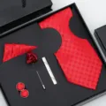 Homme cravate rouge ensemble marié mariage costume affaires pochette boutons de manchette - H06 Ensemble Coffret