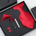Ensemble de cravate en soie rouge mariage homme coffret cadeau boutons de manchette - K-28 Rouge Vif Brillant Ensemble Coffret