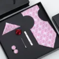 Coffret cravate homme rose motif floral avec pochette boutons de manchette pour mariage affaire - H14 Ensemble Coffret