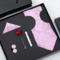 Ensemble de cravate florale rose pour homme six pieces accessoires de mariage formels - LJT-01 Floral Rose Ensemble Coffret