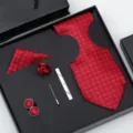 Ensemble de cravates à motifs rouges pour hommes mariage d'affaires pochette boutons de manchette - LJT-03 Carreaux Rouges Floral Ensemble Coffret