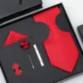 Set de cravate rouge à motifs pour homme avec pochette, épinglette et pince de cravate. - H17 Ensemble Coffret