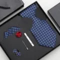 Ensemble de cravate pour homme 6 pièces bleu à motifs avec pochette boutons de manchette - LJT-11 Carreaux Bleus Floral Ensemble Coffret