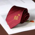 Wine red wedding tie with golden double happiness embroidery and stripes, elegant formal wear. - Twill Square Double Happiness Hand-Tied / 8cm / Burgundy