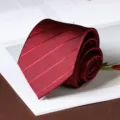 Close up detail view of wine red striped tie fabric texture, elegant rolled necktie design - Twill Hand-Tied Style / 8cm / Burgundy