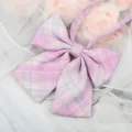 Pink and grey plaid JK uniform bow tie detail closeup, sweet sailor collar ribbon accessory. - Girly Pink Plaid