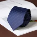 Classic men formal business striped tie, dark blue necktie with fine white lines for wedding. - Elegant Blue Stripe Handmade Style / 8cm / Blue