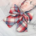 Close-up detail of Japanese JK style red and blue plaid bow tie ribbon collar accessory. - Red White Blue Plaid
