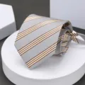 Men's business striped tie detail view, classic grey and brown pattern for professional wear. - Beige Striped Zipper Necktie