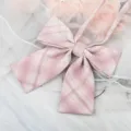 Detailed close-up shot of a pink plaid JK bow tie collar accessory with elegant ribbons. - JK029 Girl's Secret Plaid Bowtie