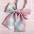Japanese JK style pink plaid bow tie detail, cute uniform shirt accessory for students. - Pink Blue Gradient Plaid