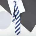 Blue and white striped zipper tie set with white dress shirt for men and women business wear. - Blue White Broad Striped Zipper
