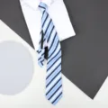 Blue striped zipper necktie paired with white shirt, convenient ready-made formal wear accessory. - 8cm Cool Blue Stripe Zipper