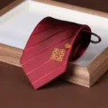 Wine red striped zipper necktie with gold double happiness embroidery for wedding groom. - 8cm Twill Square Double Happiness Zipper Style / Burgundy