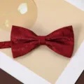 Detailed close-up of a luxury red jacquard paisley bow tie for men's formal suit styling. - Red Silk Scroll Vine Bow Tie