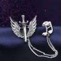 Vintage men's wing sword brooch metal lapel pin black heart rhinestone fashion suit badge. - Silver Angel Wing and Sword