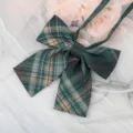 JK dark green plaid ribbon bow tie detail shot, exquisite shirt collar accessory for women. - Dark Green Plaid