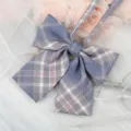 Japanese JK style blue pink plaid bow tie ribbon collar accessory for uniform shirts detail view. - JK050 Light Purple Plaid Bowtie