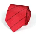 Close up view of a stylish red striped necktie detail, showing fine texture and pattern. - Wine Red Diagonal Stripe