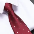 Red polka dot necktie detail shot, classic herringbone pattern formal business tie for men. - Rich Red White Dot Zipper