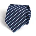 Close-up of classic navy blue necktie featuring neat light blue diagonal stripes texture detail. - Dark Blue Light Stripe