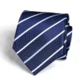 Detailed closeup of a dark blue men necktie featuring white and light blue stripes. - Dark Blue Diagonal Stripe